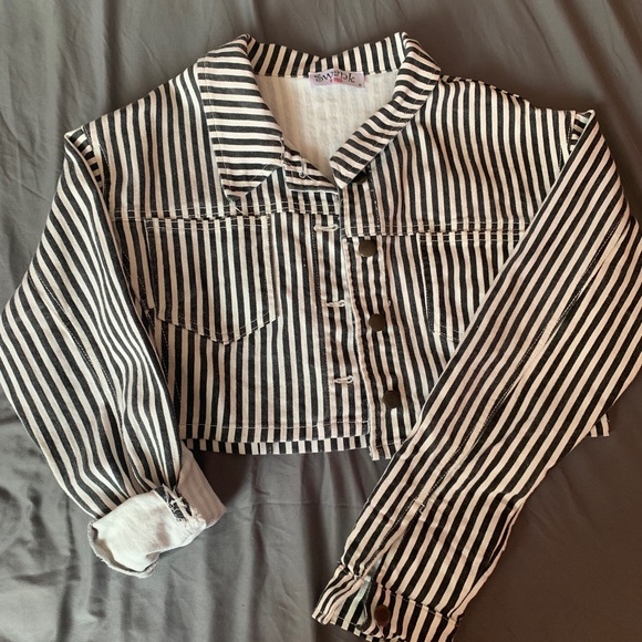 black and white striped denim jacket